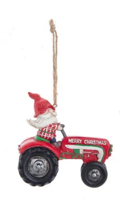 Kurt Adler "Merry Christmas" Farm Gnome Riding Tractor Ornament