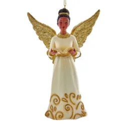 Kurt Adler African American Ivory And Gold Angel Ornament With A Book